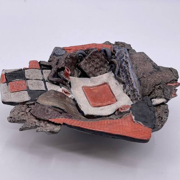 Unique Decorative Bowl Handmade Mixed Media Art Dish Tray Multicolor Orange Gray - Picture 12 of 16